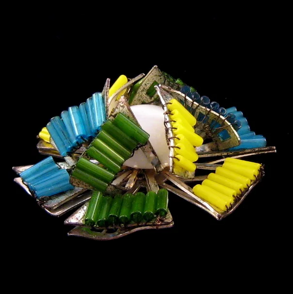 Miriam Haskell Colorful Bugle Bead Pinwheel Brooch