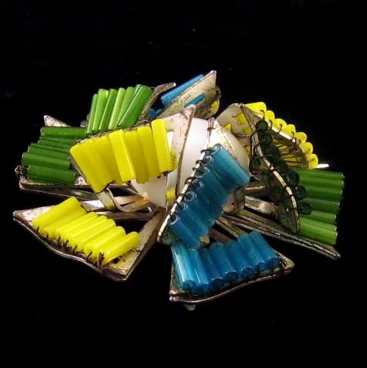 Miriam Haskell Colorful Bugle Bead Pinwheel Brooch