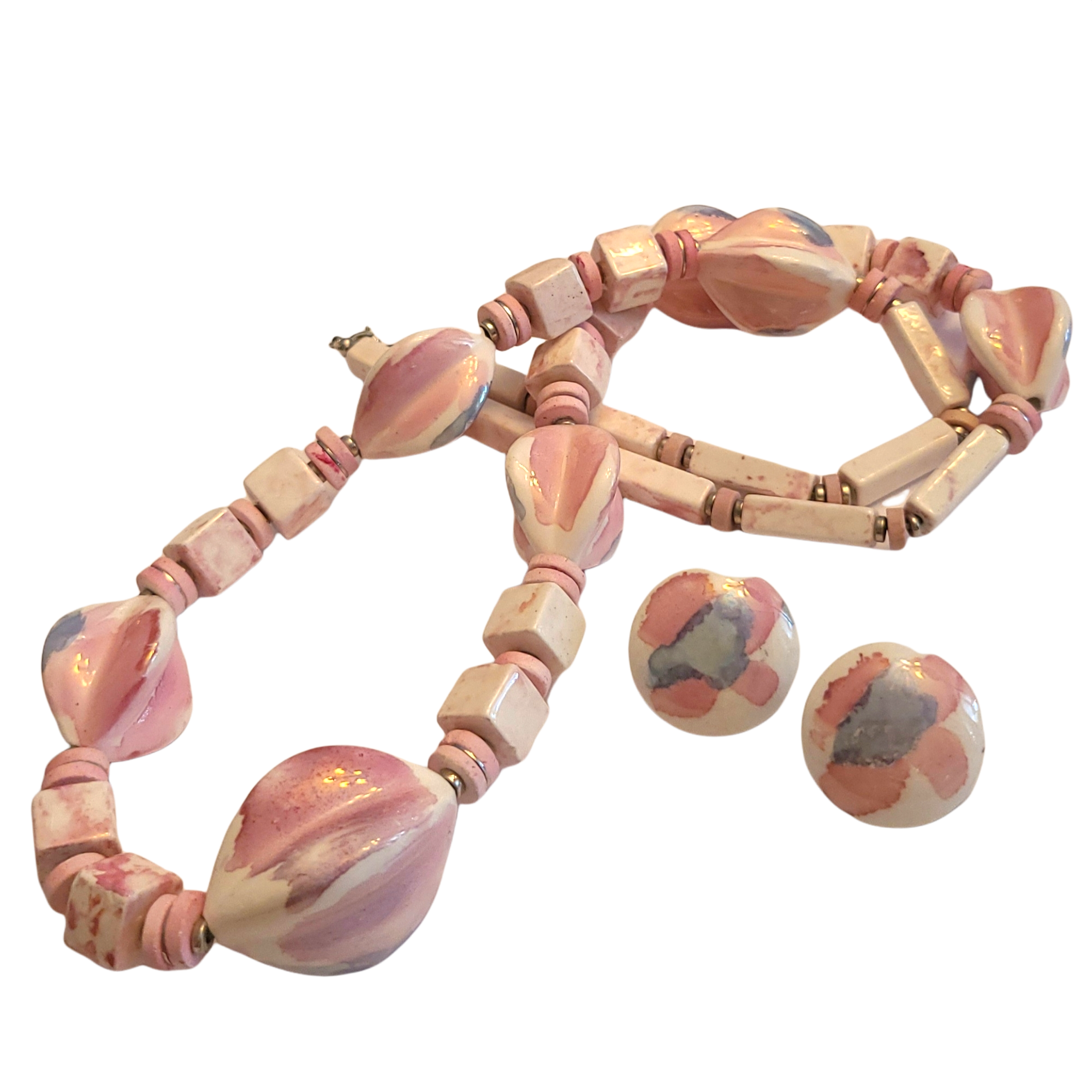Vintage Ceramic Chunky Beaded Necklace with Earrings - Pink and Earth Tones