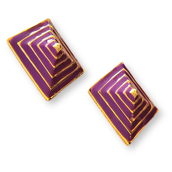 1980s Pyramid-Shaped Purple and Goldtone Clip Earrings