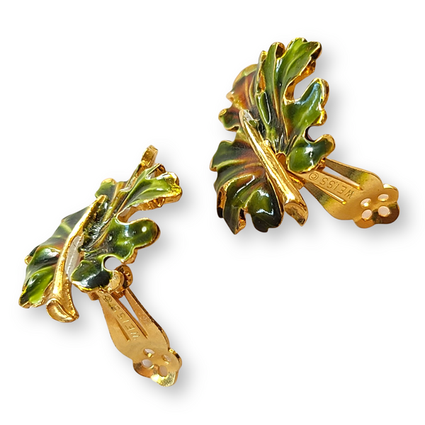 Weiss Enameled Maple Leaf Clip Earrings