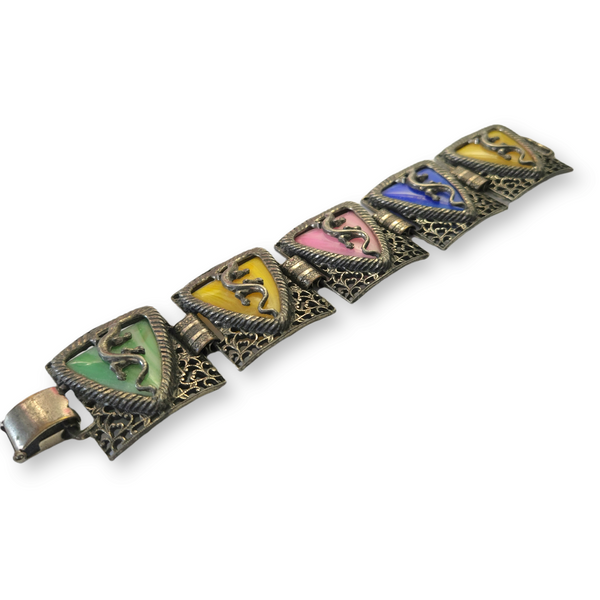 Vintage Lizard and Shield Silvertone Link Bracelet