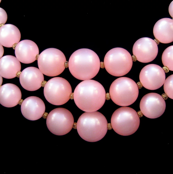 Pink Moonglow Lucite Triple-Strand Necklace with Earrings