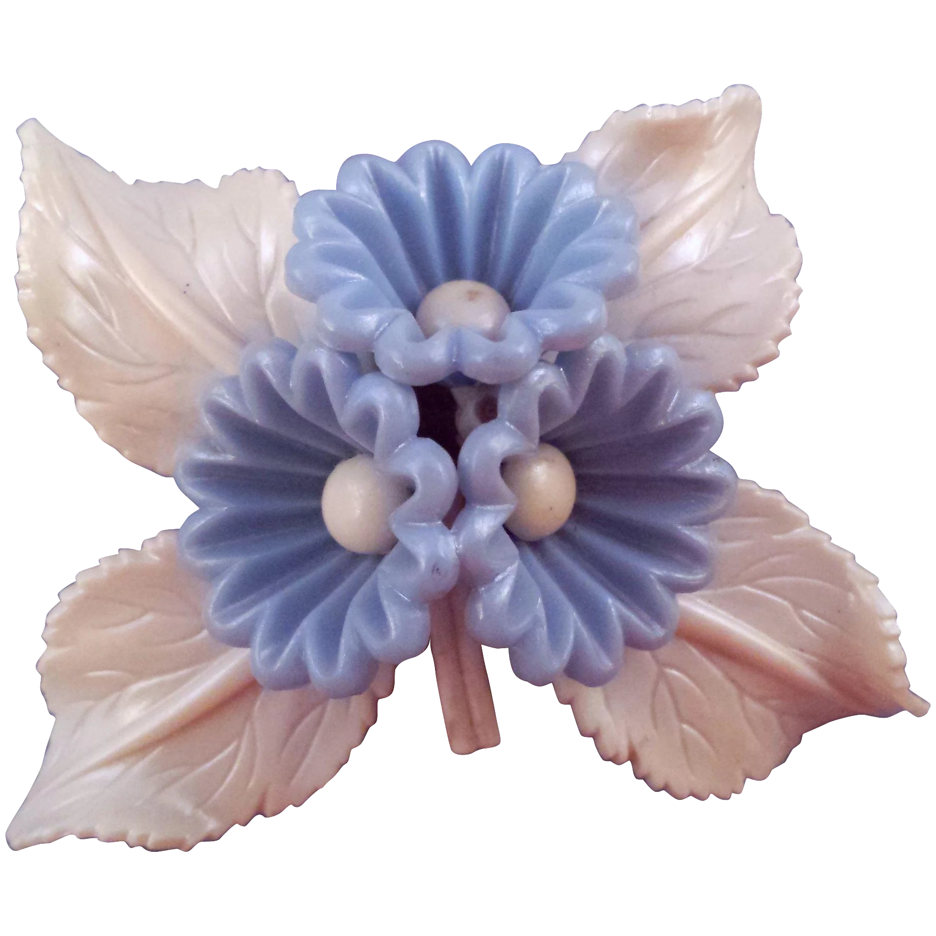 1940s Bluebell Plastic Flower Pin with Cream Colored Leaves