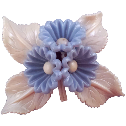 1940s Bluebell Plastic Flower Pin with Cream Colored Leaves