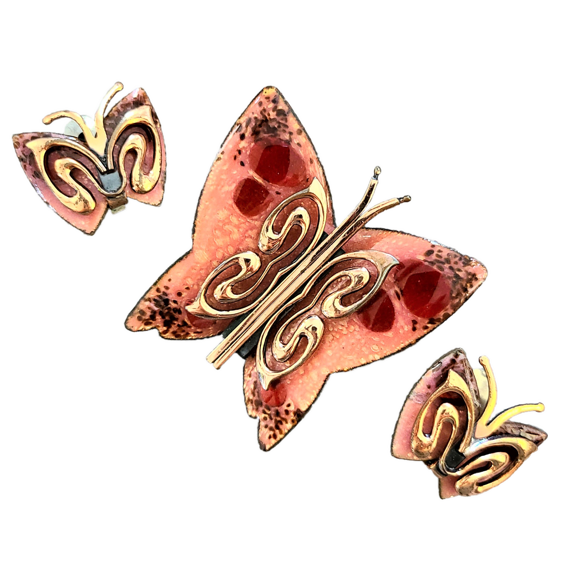 Matisse Enameled Copper Butterfly Brooch and Earrings Set