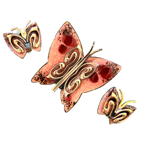 Matisse Enameled Copper Butterfly Brooch and Earrings Set