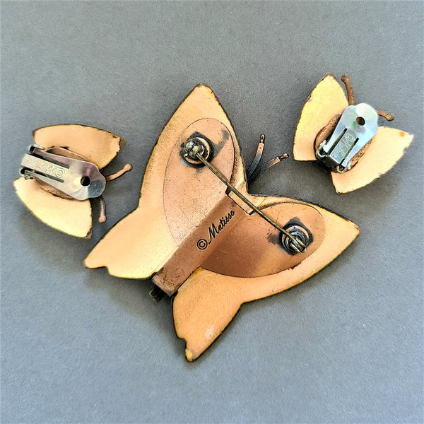 Matisse Enameled Copper Butterfly Brooch and Earrings Set