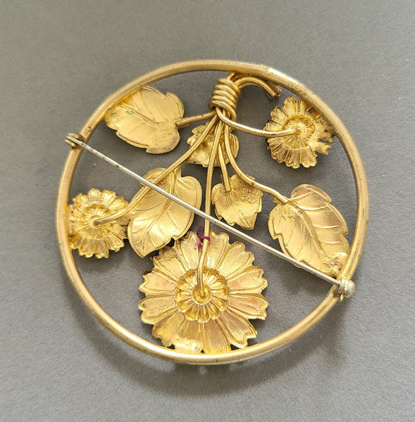 Vintage Enameled Daisies Large Circle Pin