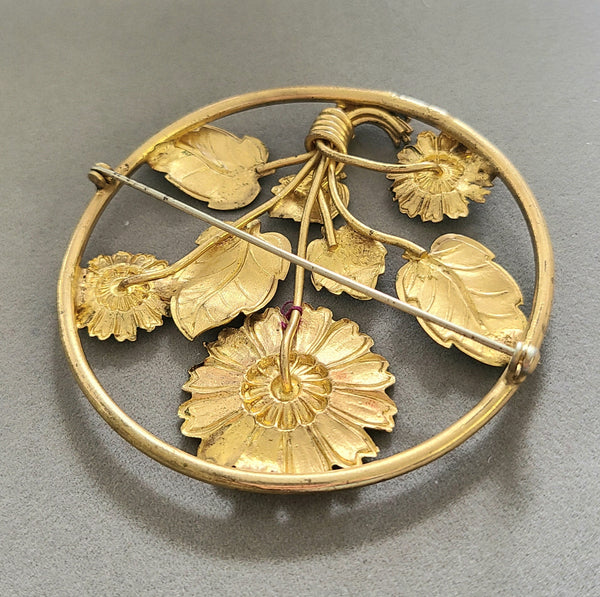 Vintage Enameled Daisies Large Circle Pin