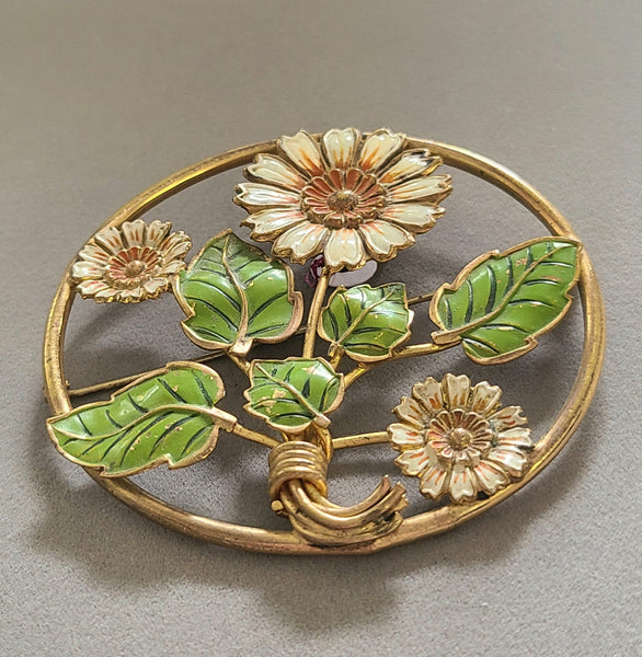 Vintage Enameled Daisies Large Circle Pin