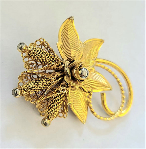 Hobé Goldtone Flower Blossom Pin with Wire Mesh Stamens