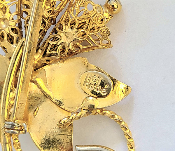 Hobé Goldtone Flower Blossom Pin with Wire Mesh Stamens
