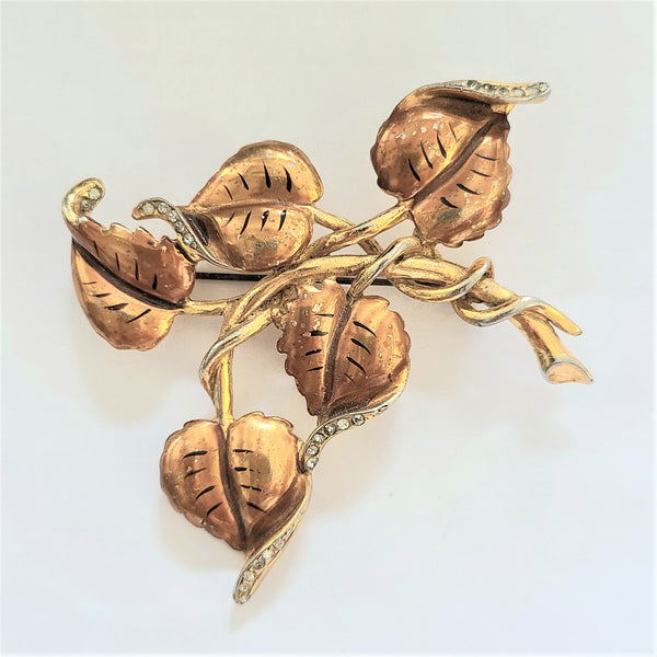 Unsigned DeRosa Caramel Enameled Brooch with Rhinestone Accents