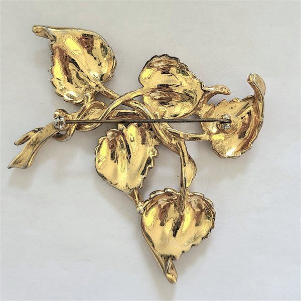 Unsigned DeRosa Caramel Enameled Brooch with Rhinestone Accents