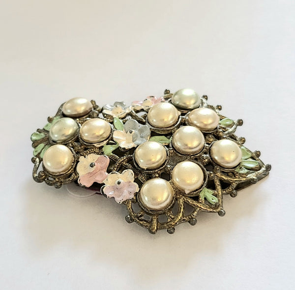 Enameled Flower and Faux Pearl Fancy Dress Clip