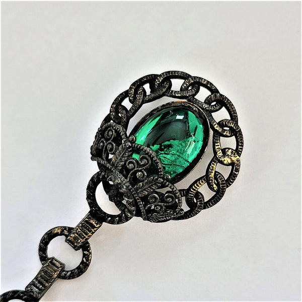 Antiqued Goldtone and Green Cabochon Coat / Cloak Closure