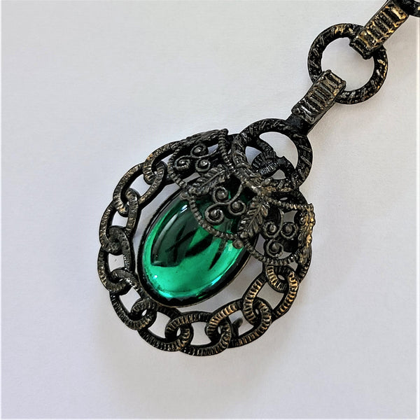 Antiqued Goldtone and Green Cabochon Coat / Cloak Closure