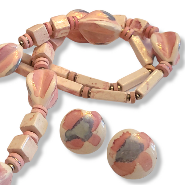 Vintage Ceramic Chunky Beaded Necklace with Earrings - Pink and Earth Tones