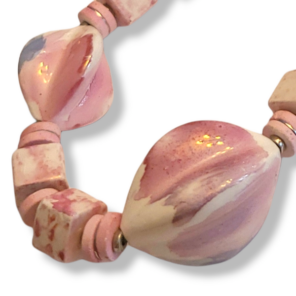 Vintage Ceramic Chunky Beaded Necklace with Earrings - Pink and Earth Tones