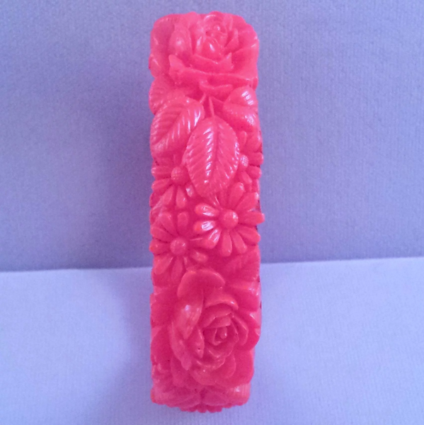 Bright Red Celluloid Plastic Flower Bangle Bracelet