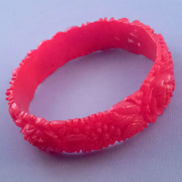 Bright Red Celluloid Plastic Flower Bangle Bracelet