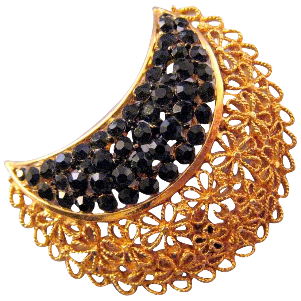 Karu Goldtone and Black Rhinestone Floral Motif Crescent Pin