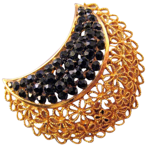 Karu Goldtone and Black Rhinestone Floral Motif Crescent Pin