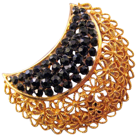 Karu Goldtone and Black Rhinestone Floral Motif Crescent Pin