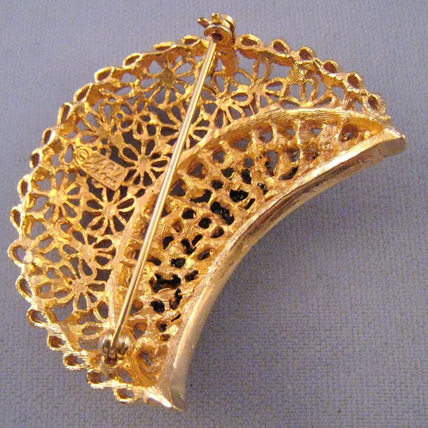 Karu Goldtone and Black Rhinestone Floral Motif Crescent Pin