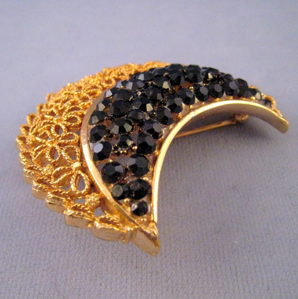 Karu Goldtone and Black Rhinestone Floral Motif Crescent Pin