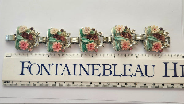 Rare Vintage Celluloid Floral 5-Link Bracelet - Pink, Green, Lavender, Purple