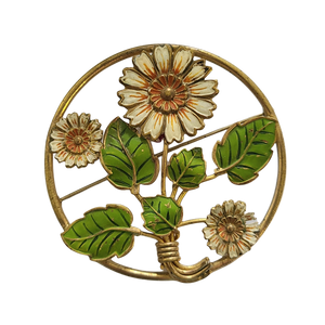 Vintage Enameled Daisies Large Circle Pin
