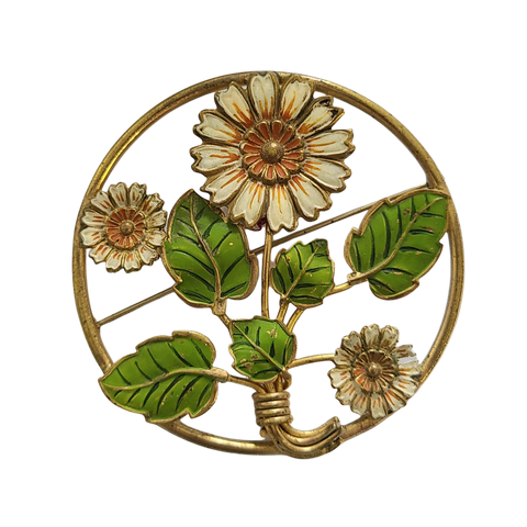 Vintage Enameled Daisies Large Circle Pin