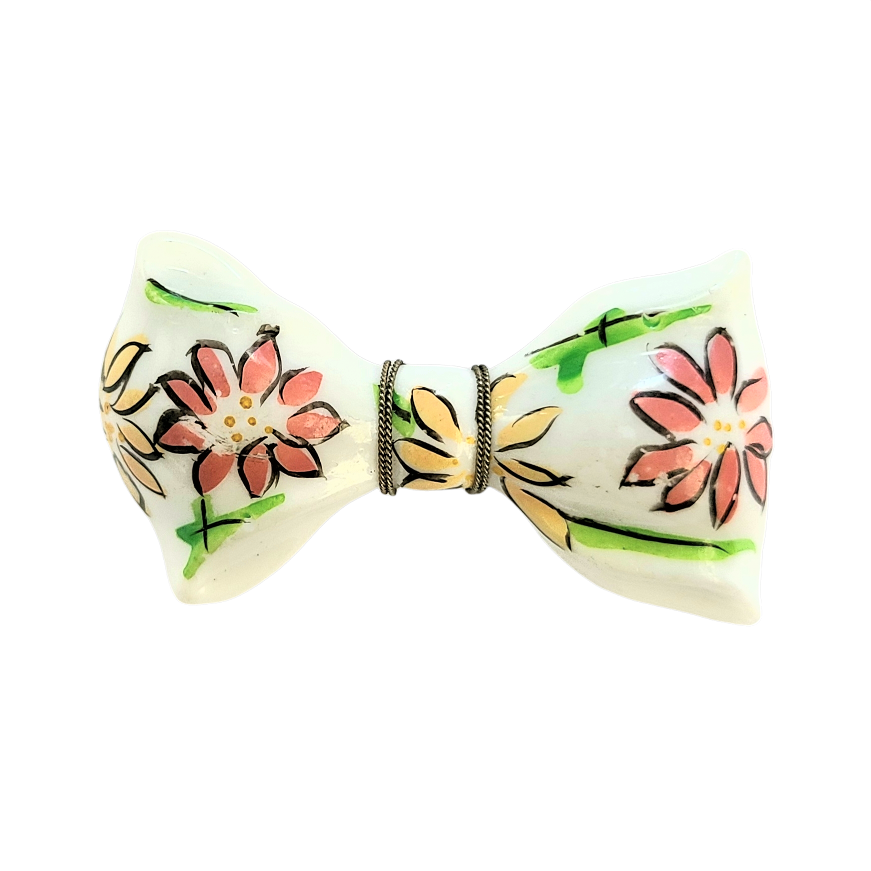 White Plastic Bow Pin with Enameled Flowers