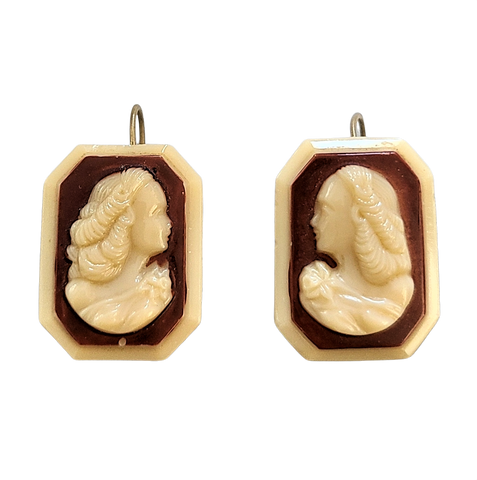 1930s Glass Cameo Shepherd's Hook Earrings