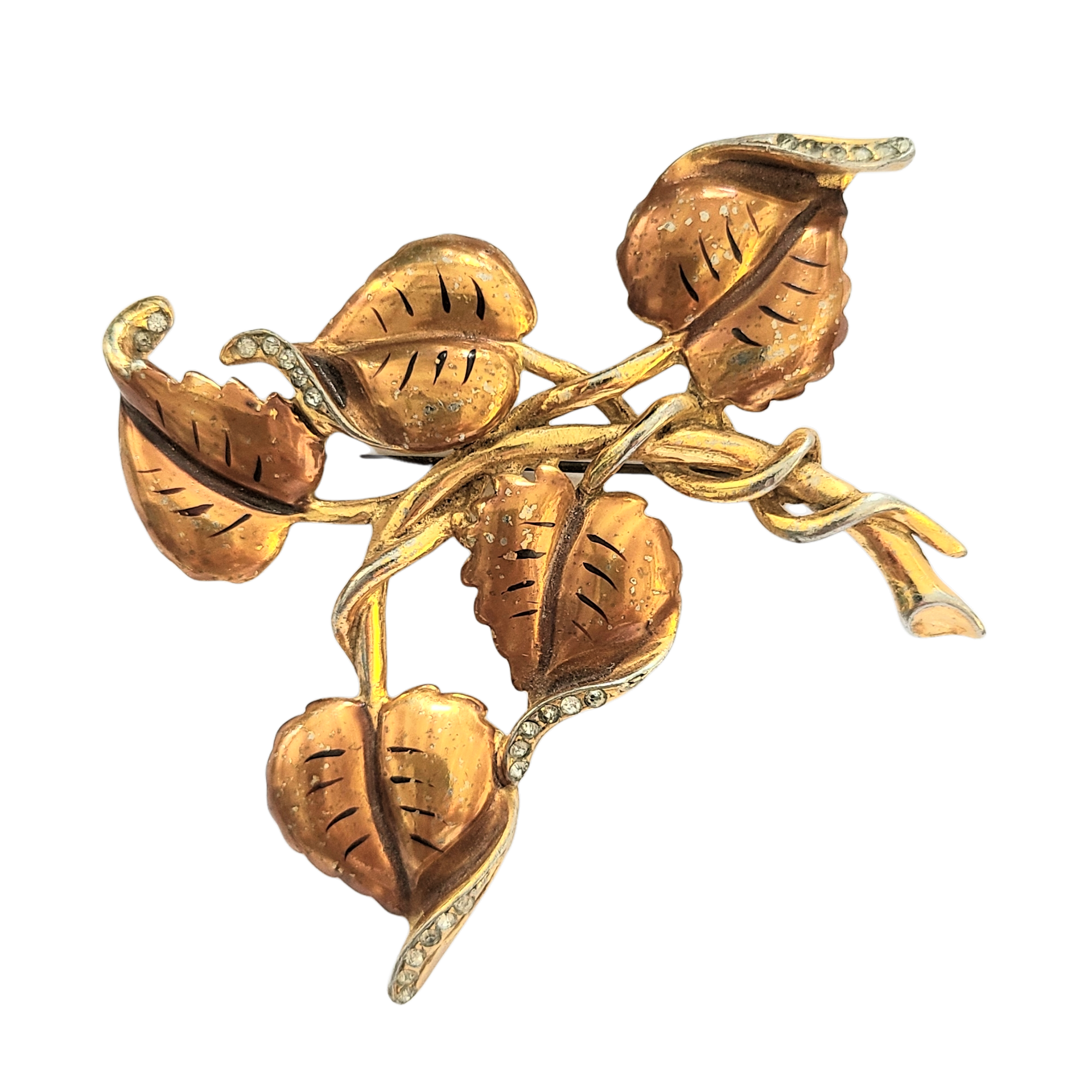 Unsigned DeRosa Caramel Enameled Brooch with Rhinestone Accents