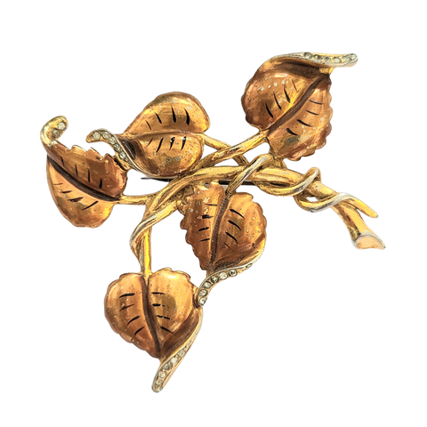 Unsigned DeRosa Caramel Enameled Brooch with Rhinestone Accents