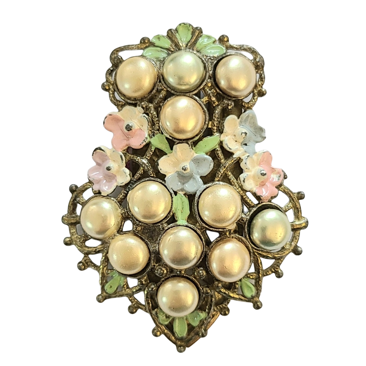 Enameled Flower and Faux Pearl Fancy Dress Clip