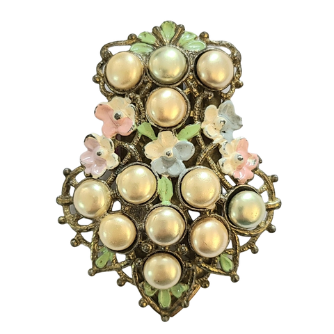 Enameled Flower and Faux Pearl Fancy Dress Clip