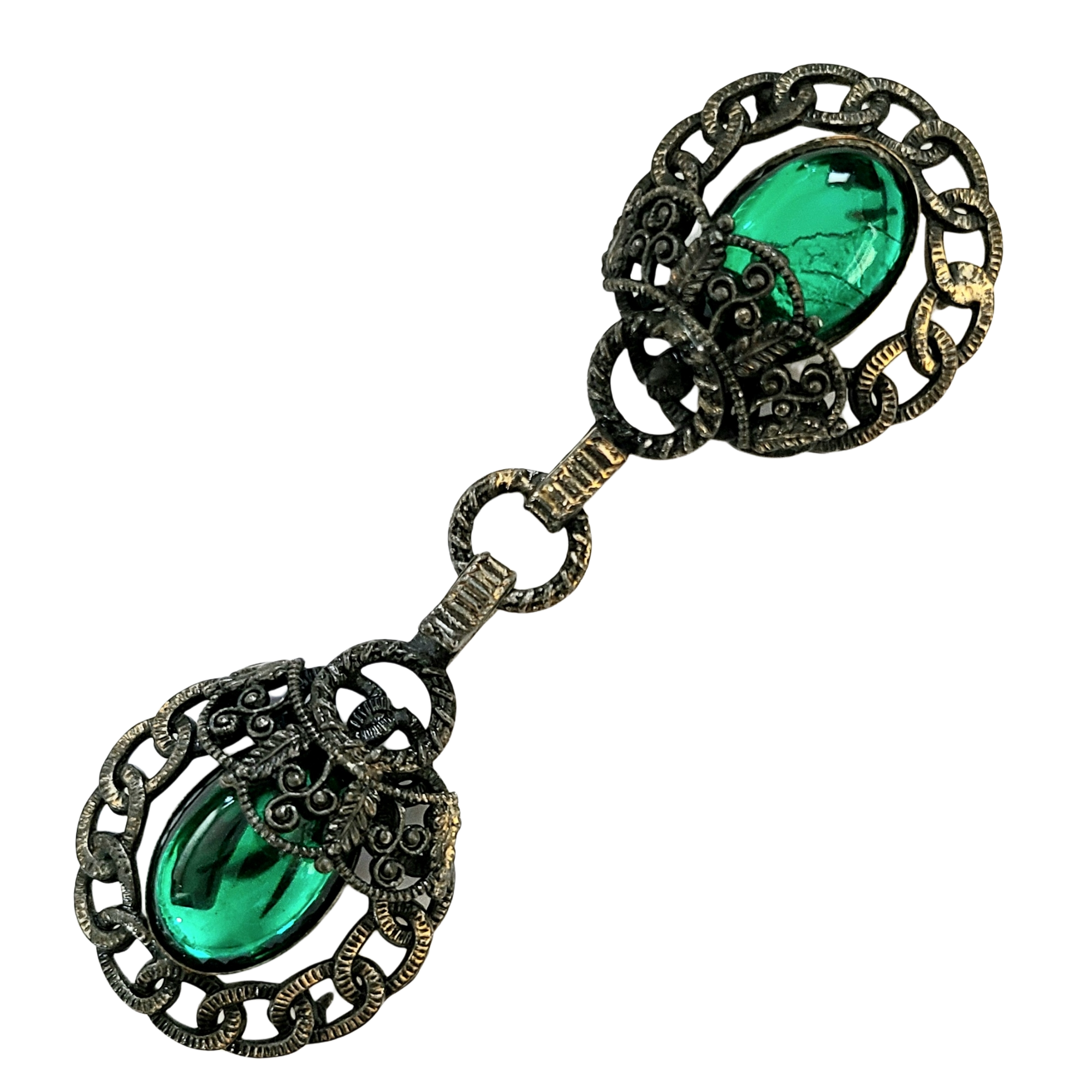 Antiqued Goldtone and Green Cabochon Coat / Cloak Closure