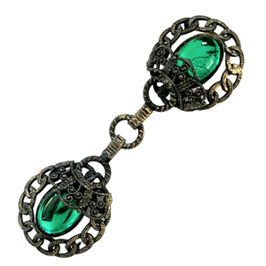 Antiqued Goldtone and Green Cabochon Coat / Cloak Closure