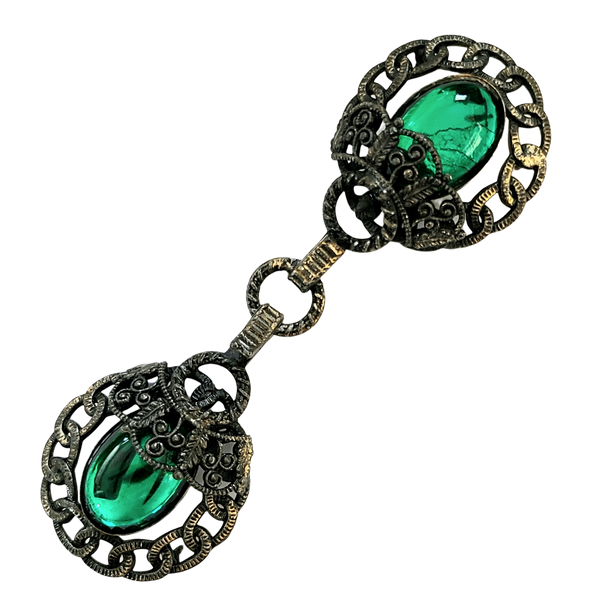 Antiqued Goldtone and Green Cabochon Coat / Cloak Closure