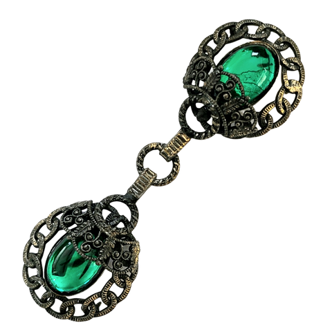 Antiqued Goldtone and Green Cabochon Coat / Cloak Closure