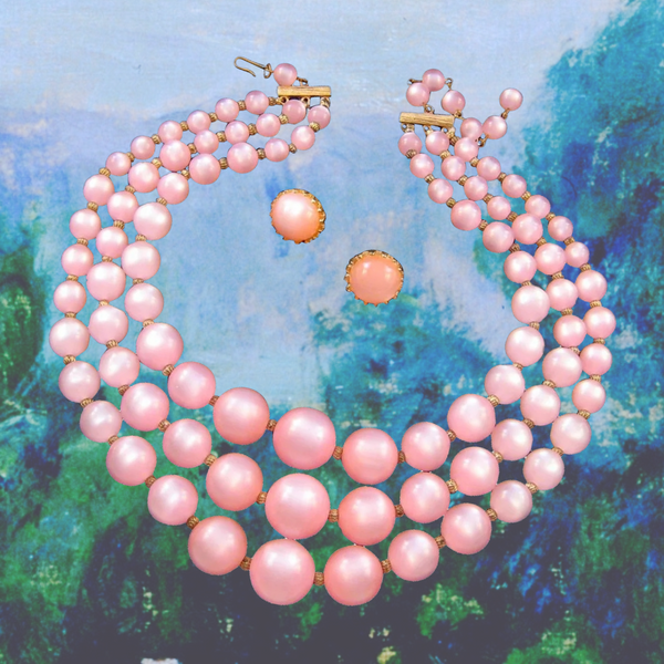 Pink Moonglow Lucite Triple-Strand Necklace with Earrings