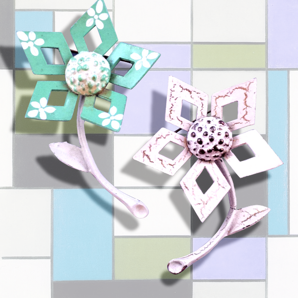 Duo of Geometric 1960s Flower Brooches in Sea Foam and White