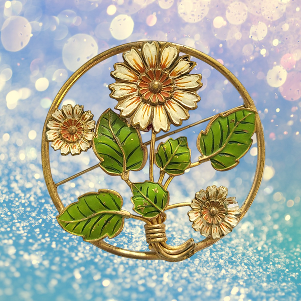 Vintage Enameled Daisies Large Circle Pin
