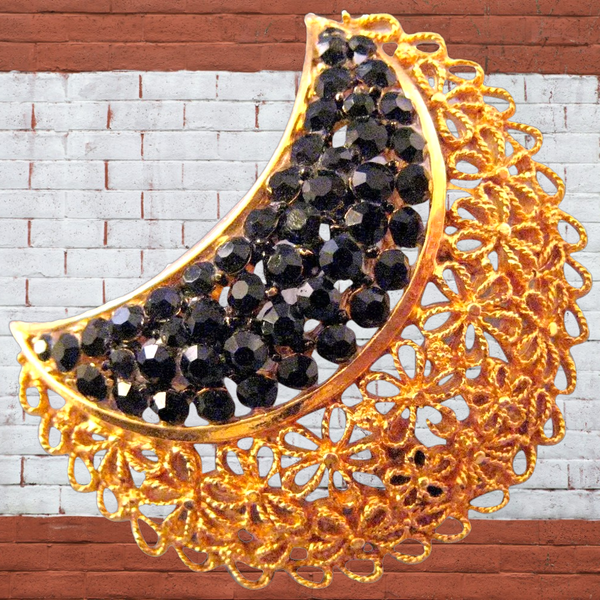 Karu Goldtone and Black Rhinestone Floral Motif Crescent Pin