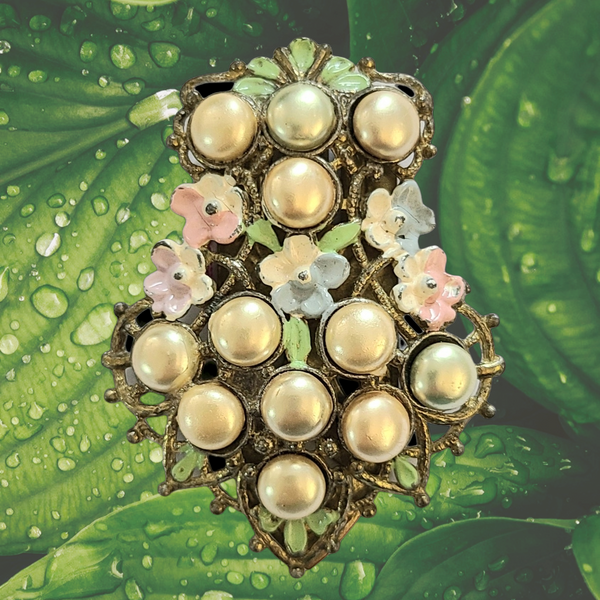 Enameled Flower and Faux Pearl Fancy Dress Clip