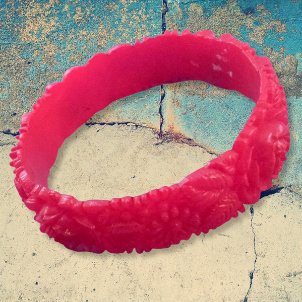 Bright Red Celluloid Plastic Flower Bangle Bracelet